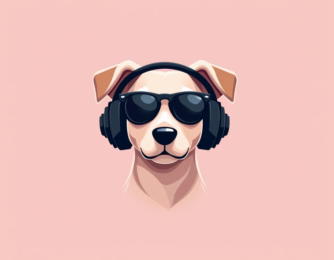 Create a logo featuring a dog wearing headphones in a modern, vectorized portrait style. The dog should have a relaxed, cool expression, wearing sunglasses to convey a hip-hop vibe. Use smooth lines and subtle shading for depth while keeping a minimalist f...