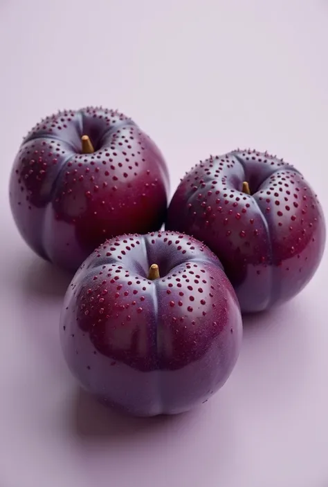 Make three large purple plums that have seeds on the outside like strawberries