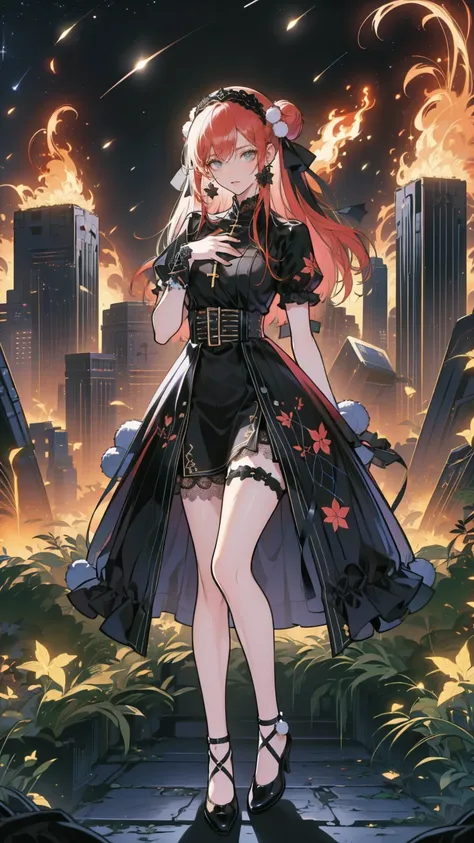 ( full body, legs and shoes visible: 1.2))  expressive eyes , woman, Pale skin, Long Hair,  hair fluttering like the wind, ((Long Hair)), long side lock , Princess Bangs, Hair bangs, Hair Bun, ((Long twin hair)),  Flaming Hair, Red Hair,  blanking in books...