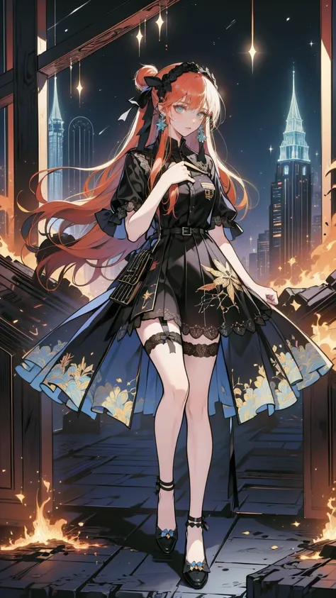 ( full body, legs and shoes visible: 1.2))  expressive eyes , woman, Pale skin, Long Hair,  hair fluttering like the wind, ((Long Hair)), long side lock , Princess Bangs, Hair bangs, Hair Bun, ((Long twin hair)),  Flaming Hair, Red Hair,  blanking in books...