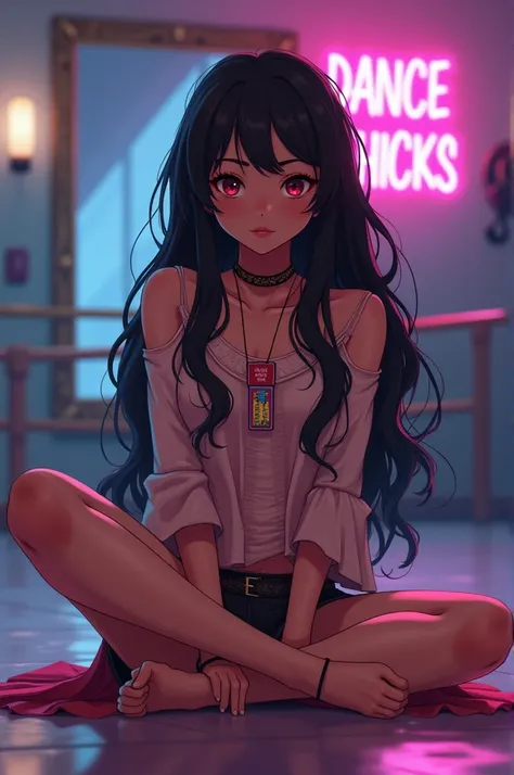 Girl with black brown hairs sitting on the ground on dance studio named wave dance company, her height 5 foot 2 inch with her group name flip chicks tag in her hand for wallpaper