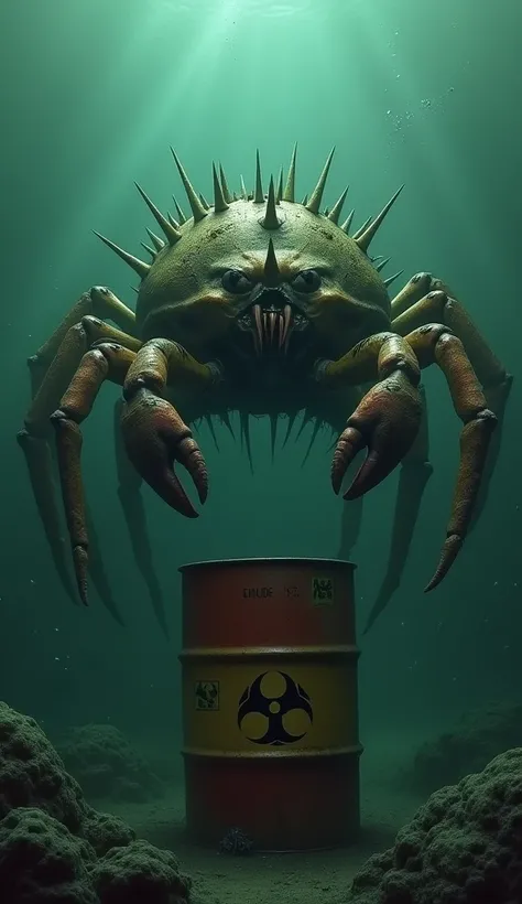 image portrays a mutated sea creature resembling a crabs, altered due to exposure to hazardous chemicals. The crabs appears terrifying, with its body transformed, featuring numerous spikes and strange protrusions. Below it, there is a drum marked with a "B...