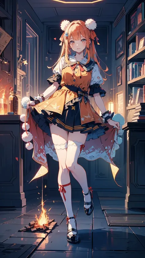 ( full body, legs and shoes visible: 1.2))  expressive eyes , woman, Pale skin, Long Hair,  hair fluttering like the wind, ((Long Hair)), long side lock , Princess Bangs, Hair bangs, Hair Bun, ((Long twin hair)),  Flaming Hair, Red Hair,  blanking in books...