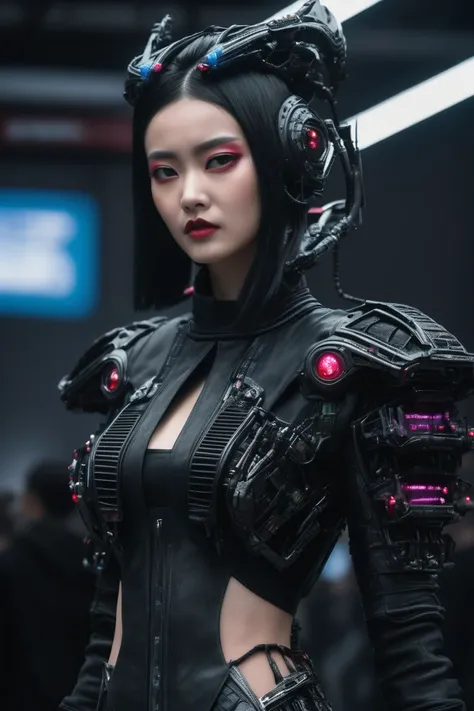 A fashion runway for alien technology , Cyberpunk fashion photography , Inspired by Chinese Xianxia and dark gothic。(Best quality,4K,8K,A high resolution,Masterpiece:1.2), (Realistic,Photorealistic,photo-realistic:1.37).