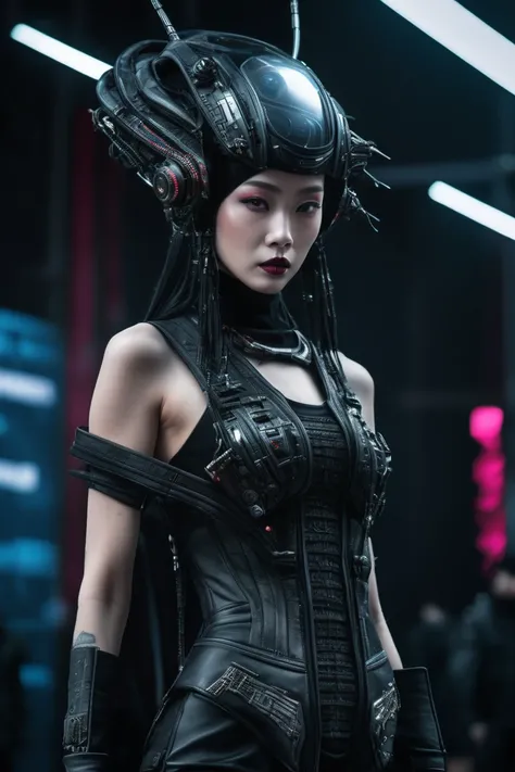 A fashion runway for alien technology , Cyberpunk fashion photography , Inspired by Chinese Xianxia and dark gothic。(Best quality,4K,8K,A high resolution,Masterpiece:1.2), (Realistic,Photorealistic,photo-realistic:1.37).