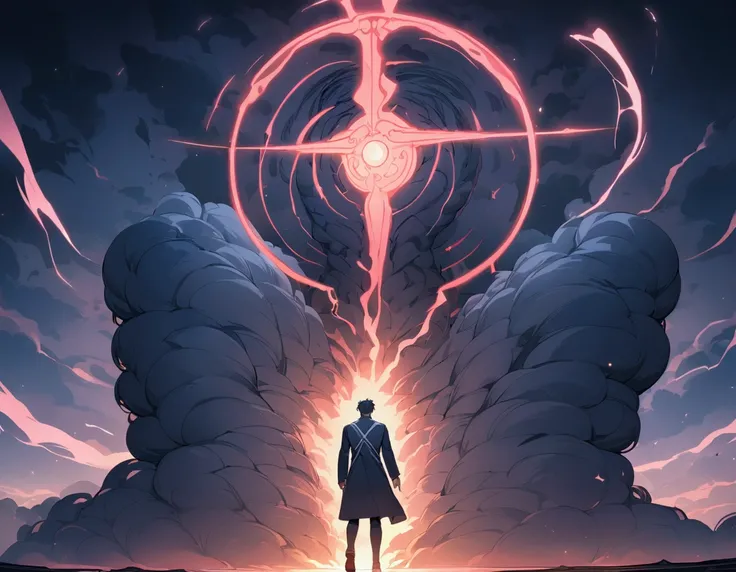 hyper detailed masterpiece, dynamic, awesome quality, night time,oversized smoke summoning giant, night time , theres electric current clad around its , theres a man walking in front of the summoning with his back against the summoning,looking to viewer 