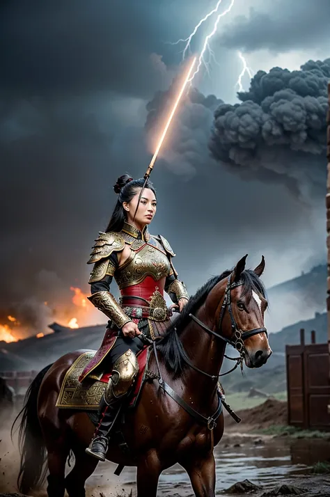 Depict a fierce and regal female general of the Chinese army during the Three Kingdoms period, standing tall on an epic battlefield. She wears traditional armor, a mix of intricate bronze and lacquered plates, adorned with dragon motifs symbolizing her str...