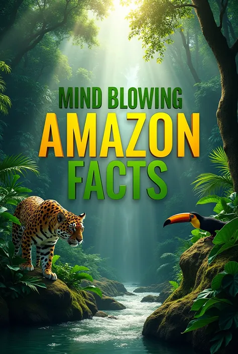 Design an eye-catching YouTube thumbnail for a video about "Amazon Rainforest Facts." The thumbnail should have a vibrant, adventurous look with rich, lush green forest imagery. Include a captivating, high-resolution image of dense trees, wildlife (like a ...