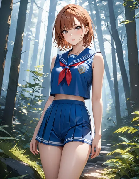 Light in the forest:1.5, (Misaka Mikoto),  sailor suit, , masterpiece:1.5, masterpiece, highest quality, UHD, retina, masterpiece, ccurate, anatomically correct, textured skin, super detail, high details, high quality, best quality,  highres icon, 8k