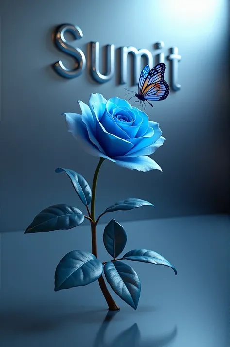 3) A create realistic image a blue rose with a realistic butterfly flying over it, and shiny steel like with name "Sumit" written on the floor, A 3D render, 4k Ultra quality picture