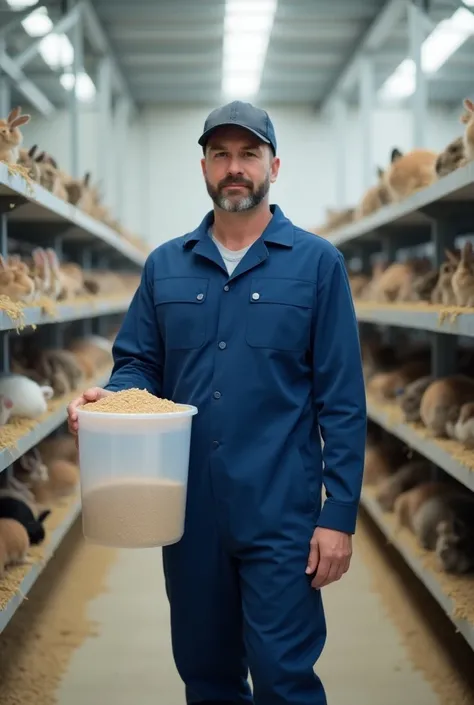  A handsome Caucasian man ,  dressed in a new long-sleeved blue jumpsuit and a dark blue cap,  looks at the camera ,  standing in the middle of the aisle on a modern rabbit farm ,  In their hand there is a transparent bucket of granulated rabbit feed ,  do...