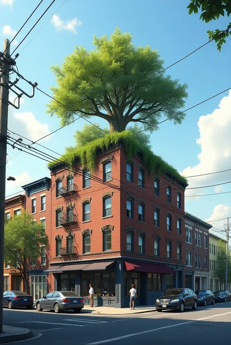 The image captures a serene street scene, featuring a brick building with a tree growing on its roof and a power line running overhead.