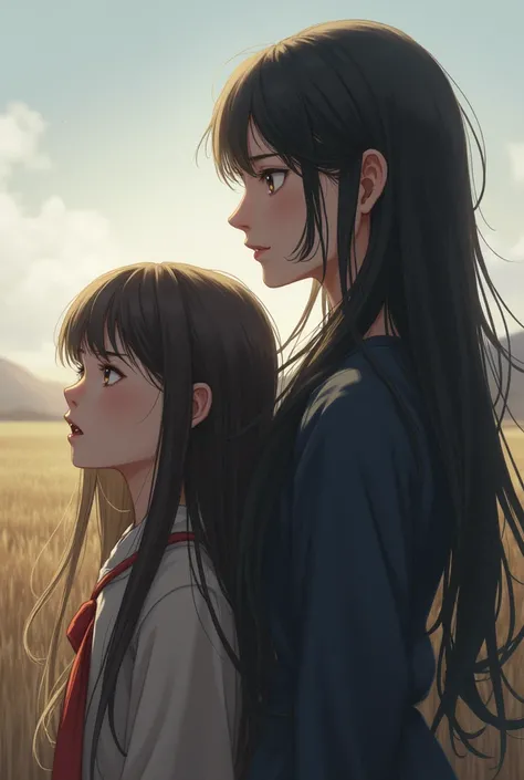 One girl, Long Hair, Open your mouth, Surprised expression,A woman, looking at the horizon, sad. 