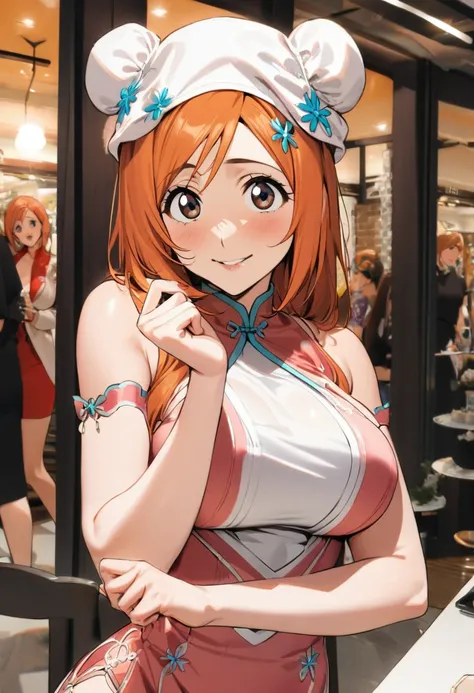 1girl, inoue orihime, bleach, orange  hair,.chinese buns,buns cover,bun accessary,chongsam withembroidery,at the cosplayer event,cheerful posing,inviting expression,masterpiece, best quality, absurdres,
