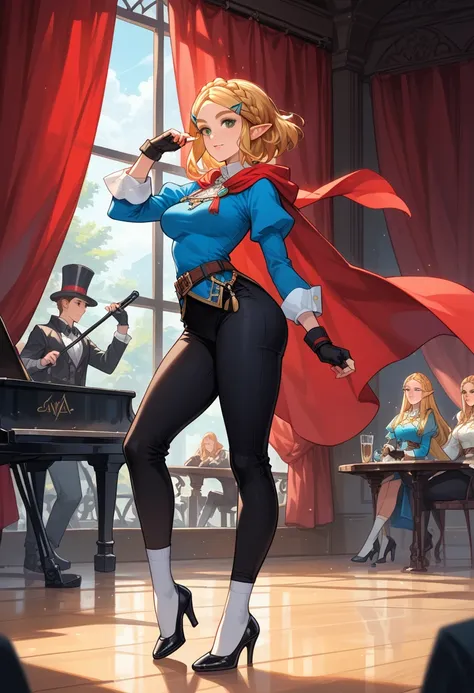 (extremely fine and beautiful:1.1), (perfect details:1.1), (finely detailed eyes and detailed face:1.3), ZeldaSDXL, Princess Zelda, narrow hips, medium breasts, slender thighs, small ears, pointy ears, braid, hair ornament, hairclip, gloves, black gloves, ...