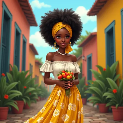 A stunning and charming black woman ,  with a yellow headscarf with afro hair , wearing a flowery yellow long skirt and with a very simple white blouse ,  wearing a white and yellow polka dot necklace ,  she is holding a sixth of fruit in her hands in the ...