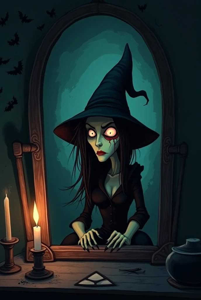 One scary witch who left eye demage  was  sitting in front of mirror her work in house   cartoon annimeted imges 16 9 