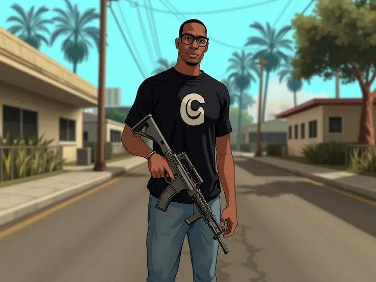 CJ from GTA San Andreas, in black glasses, in a black T-shirt with a logo of the letters L and G, in denim trousers and white sneakers, stands on Grove Street with a machine gun in his hands. Art in the style of GTA San Andreas