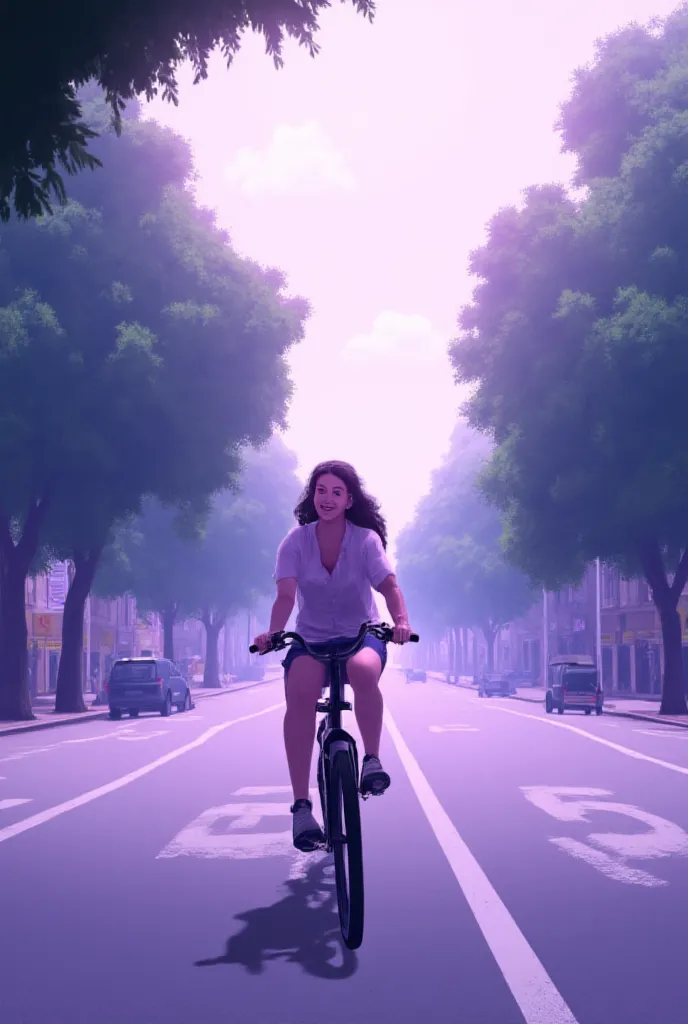 happy woman riding her bicycle around the city,  comes from the center of the avenue that is empty , alone, trees,  the scene ha...