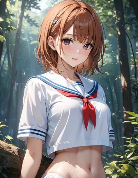 Goko , Light in the forest:1.5, (Misaka Mikoto),  sailor suit, , masterpiece:1.5, masterpiece, highest quality, UHD, retina, masterpiece, ccurate, anatomically correct, textured skin, super detail, high details, high quality, best quality,  highres icon, 8...