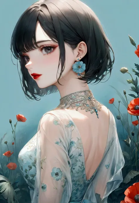 2D, NSFW, pastel color, watercolor paiting, 
linear art, 
ankymoore, 1girl in, Solo, Inner bob cut hair, Simple background, Black hair, Dress, Simple gold ring earrings with the same design on both ears, Upper body, flower, earrings, dull black eyes, Pale ...