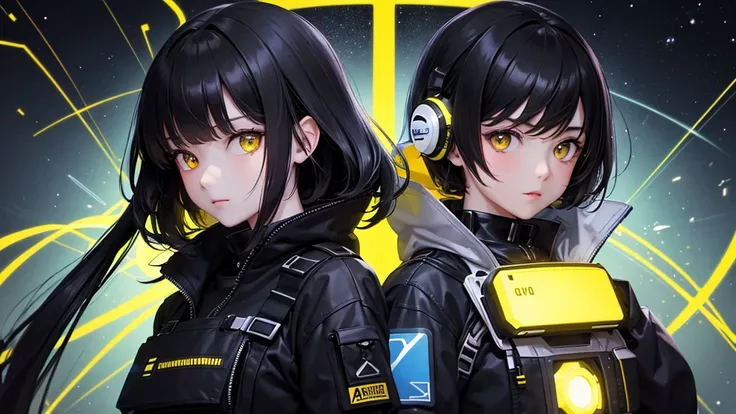 from future intelligence, technology background, complex mission, sudden mystery, unexpected result, unknown variables, strange data, confident look, space black pioneer dress, yellow eyes, black hair