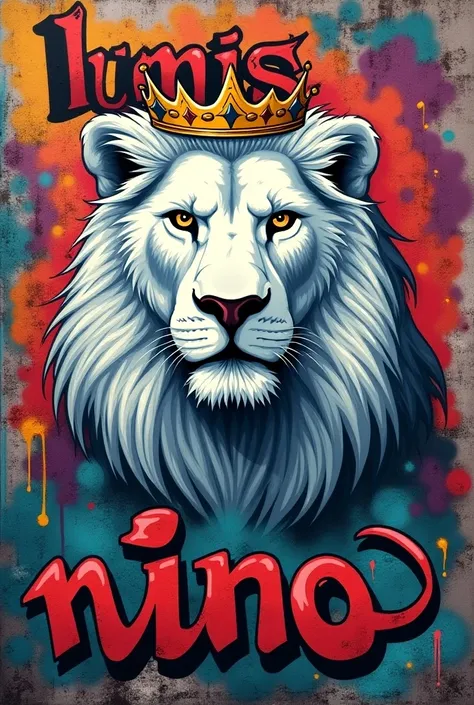 Graffiti on the wall with the word  "nino" at the bottom, And on top the writing  "Lumis "  with a white lion with a kings crown on its head. graffiti-style street 