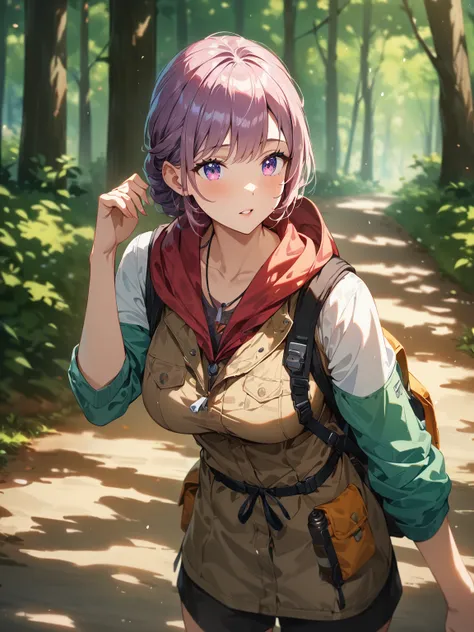 1 girl, busty, 

Nature enthusiast, hiking gear, forest trail, dappled sunlight, 

a bewitching atmosphere, detailed textures, high quality render, (highest quality, 4k, 8K high resolution, masterpiece:1.2), absurd, Highly detailed Illustration, profession...