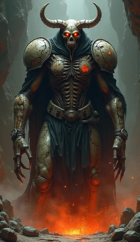  Detailed description for a horror character  "The Keeper of the Abyss ":  A humanoid colossus with cracked and corroded metallic armor ,  fused to burnt and skeletal flesh .  Exposed bones and metal with grilled demonic runes .  His head is a mixture of a...