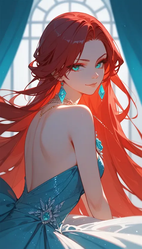 (score_9,score_8_up,score_7_up,),score_9,score_8_up,score_7_full body, 1girl, solo, wear dress with short sleeve, elegant dress, wear necklace, fantasy, breasts, red hair, long hair straight, bangs, turquoise eyes, red eyelashes, breasts, half body, close ...