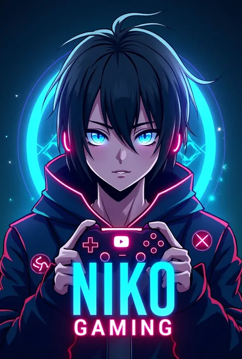 ((best quality)), ((masterpiece)), (detaileThis is a gaming logo that features the name "NIKO GAMING" in a futuristic font and a neon blue color. and Boy Anime avtar, The logo also has a stylized controller icon and a YouTube play button in the background....