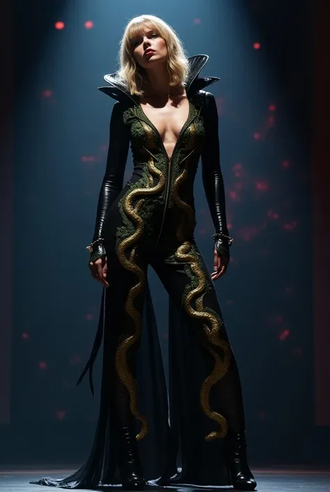 A new suit in the era of reputation for Taylor Swift to wear on The eras tour. latex Let it be black, gold and green and involve snakes, Taking into account the previous costumes of the era 
