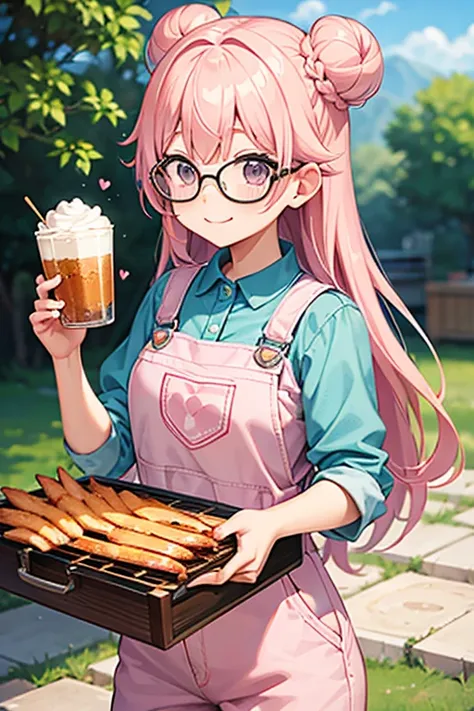  Camp、barbecue、 innocent smile 、Light pink hair 、 bun hair、 half twin、 long hair、 princess cut、 overalls、Round Glasses