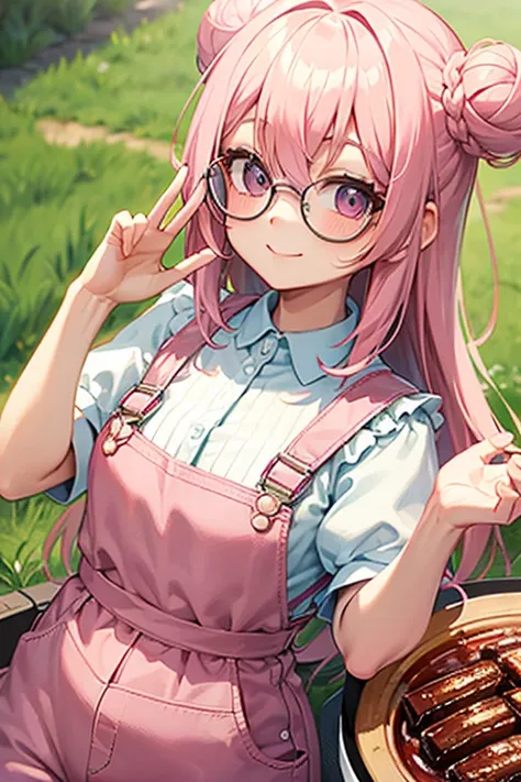  Camp、barbecue、 innocent smile 、Light pink hair 、 bun hair、 half twin、 long hair、 princess cut、 overalls、Round Glasses