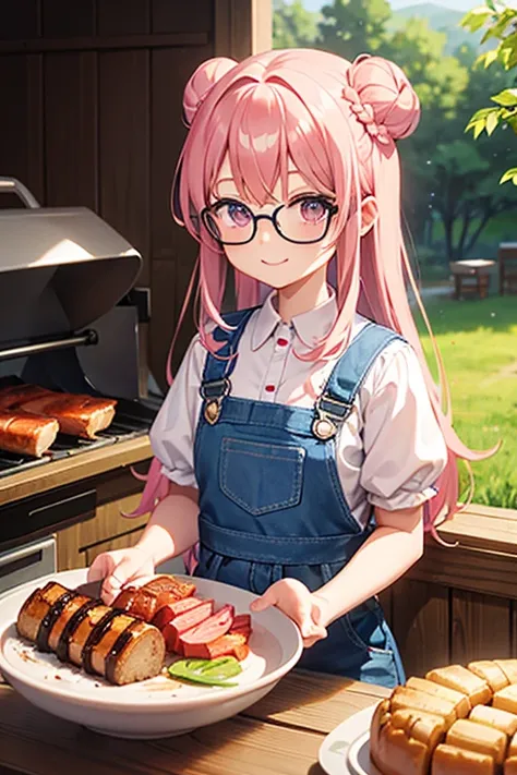  Camp、barbecue、 innocent smile 、Light pink hair 、 bun hair、 half twin、 long hair、 princess cut、 overalls、Round Glasses