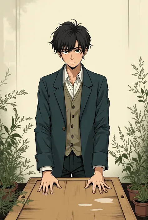 Generate a manga style image from the info from The novel A Tale Of Two Cities By Charles Dickens "Panel 17: Darnay A Young Man Silent Composure 
Charles Darnay A Young Man stands quietly,his hands resting on the wooden slab, not disturbing the herbs place...