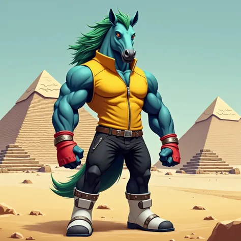  A blue muscular furry horse with a green mane in silver bracelets, In white boots, in black pants, in a yellow zippered sleeveless sweater , wearing red gloves stands against the background of the Egyptian pyramids