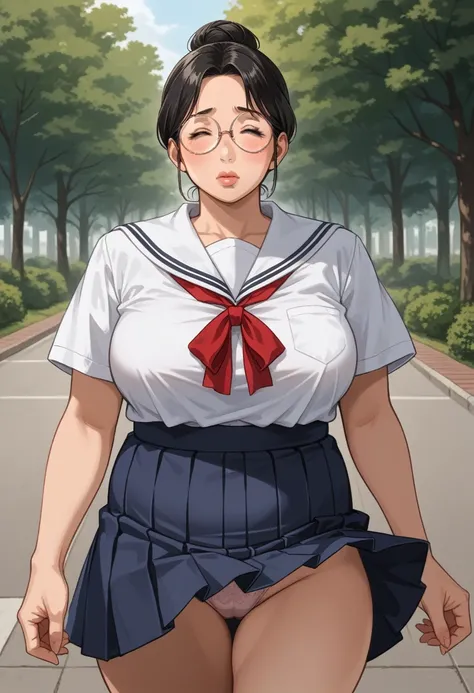 (1girl:1.3), Masterpiece, Best quality, amazing beauty, 4K, absurdres, finely detail, super detailed eye, perfect anatomy, official art, cinematic lighting, BREAK, park, hair bun, (black hair:1.5), super shiny detailed black eye, (((tareme))), eyes closed,...