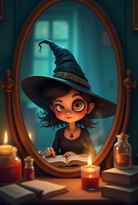 One little scary witch who left eye demage  was  sitting in front of mirror her work in house   cartoon annimeted imges 16 9 