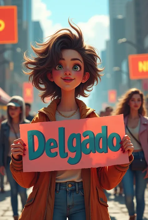 A teenager with signs that say DELGADO