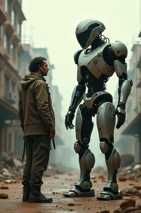 Make the image of a journalist giving instructions to a robot to do a job. Put a dialogue that says: now robots do everything to me better and faster than people. All in an apocalyptic future