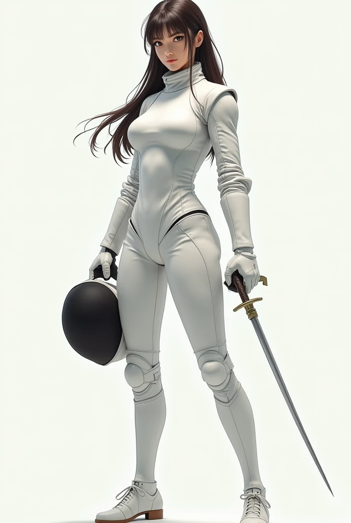 arafed woman in white holding a s helmet and a sword, fencing選手のヘルメットと剣を持った白い服を着たスザンヌ・デュシャン・クロッティ ,   CG Society Contest Winners Who Have Epe ,  art, , エペを持つ, fencing,  white uniform, Modern and clean white armor, anime , Stylish white armor,  clean bright...