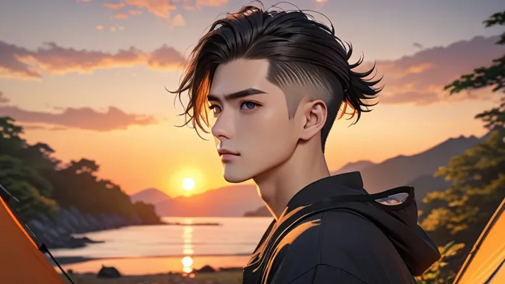 Japanese,23-26, Handsome men,  fair skin, black eyes（thin eyes 1：3), (Super detailed, best quality, 4K, 8k, High resolution, masterpiece:1.3) camping, undercut hairstyles, sunset 