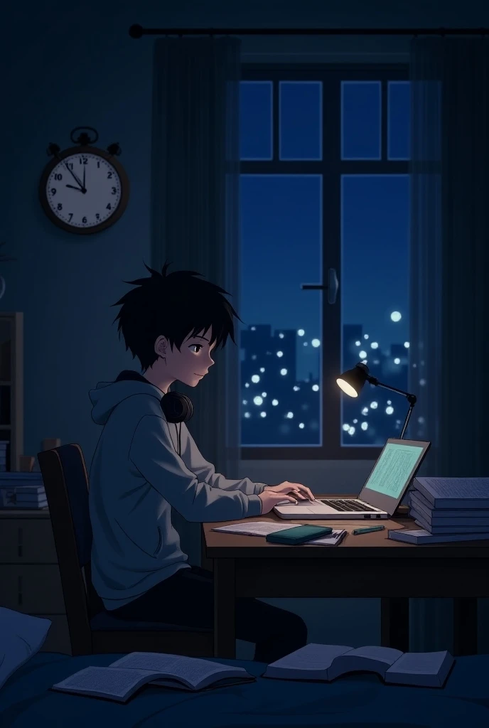 A boy sleeping at home in night on study table in front of window a clock hanging in wall at 1 am , short black messy hair with laptop , mobile some books are open
 and pen , wearing a simple hoodie and a headfone in the neck 