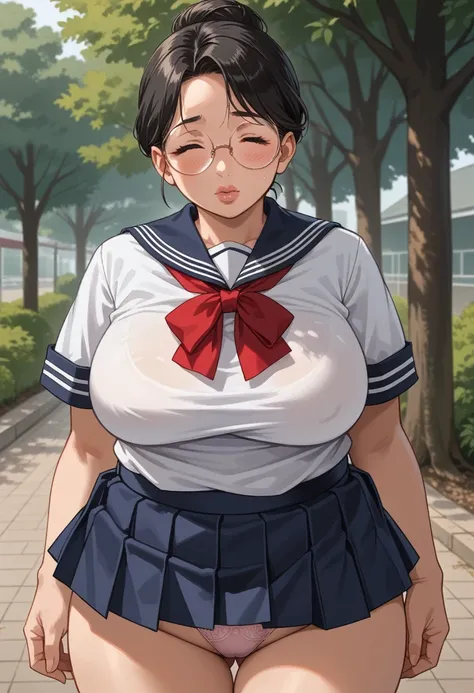 (1girl:1.3), Masterpiece, Best quality, amazing beauty, 4K, absurdres, finely detail, super detailed eye, perfect anatomy, official art, cinematic lighting, BREAK, park, hair bun, (black hair:1.5), super shiny detailed black eye, (((tareme))), eyes closed,...