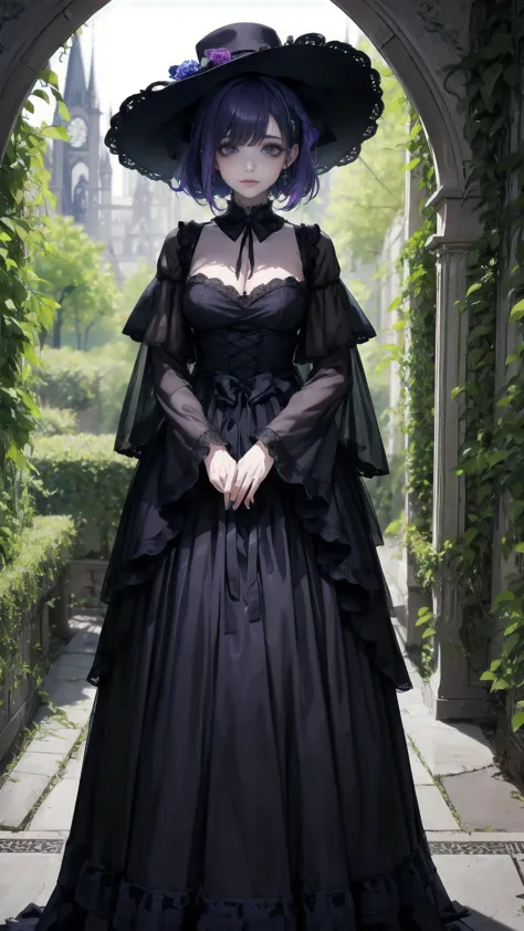 ネオゴススタイルの   girl, Wearing a black dress and a white collar, Wearing a black hat 、  Wearing heavy makeup  ,   She's standing in an enigmatic garden   、Surrounded by vines   .  dark purple flowers are in full bloom in the garden   .、Gothic architecture in the background。.   girl&#39;Iの髪は黒色、   her hair is long braided   .、   red roses blooming next to her   。. Her eyes are sharp、It&#39;stabbing.,    thick black eyeliner and red roses blooming next to long eyelashes    .   she has white skin  .、Lips bright red.. The atmosphere is gloomy and eerie, Dim lighting casts long shadows.    This work is a combination of digital illustration and photography.., result、そのresult、Incredibly high resolution images。. Most colors are dark、I&#39;kind,  Dark red and purple exude intense beauty   ..    The overall style is neo-gothic    ., Horror,    Portrait photo    ,   creates a unique and engaging visual experience    .Dark Imagery