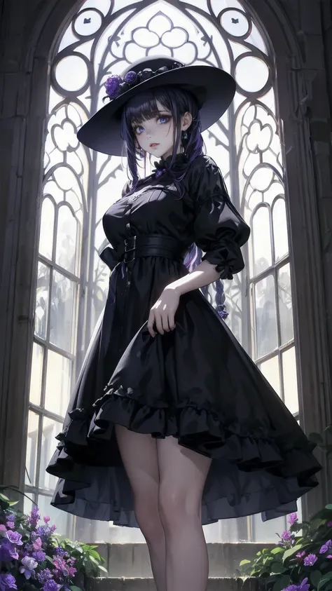 ネオゴススタイルの   girl, Wearing a black dress and a white collar, Wearing a black hat 、  Wearing heavy makeup  ,   Shes standing in an enigmatic garden   、Surrounded by vines   .  dark purple flowers are in full bloom in the garden   .、Gothic architecture in the...