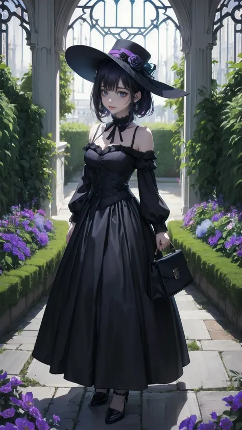 ネオゴススタイルの   girl, Wearing a black dress and a white collar, Wearing a black hat 、  Wearing heavy makeup  ,   Shes standing in an enigmatic garden   、Surrounded by vines   .  dark purple flowers are in full bloom in the garden   .、Gothic architecture in the...