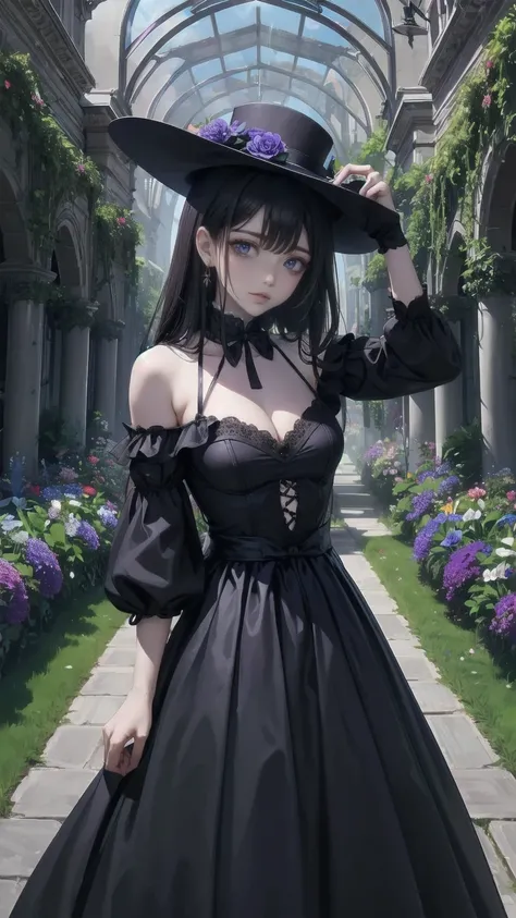 ネオゴススタイルの   girl, Wearing a black dress and a white collar, Wearing a black hat 、  Wearing heavy makeup  ,   Shes standing in an enigmatic garden   、Surrounded by vines   .  dark purple flowers are in full bloom in the garden   .、Gothic architecture in the...