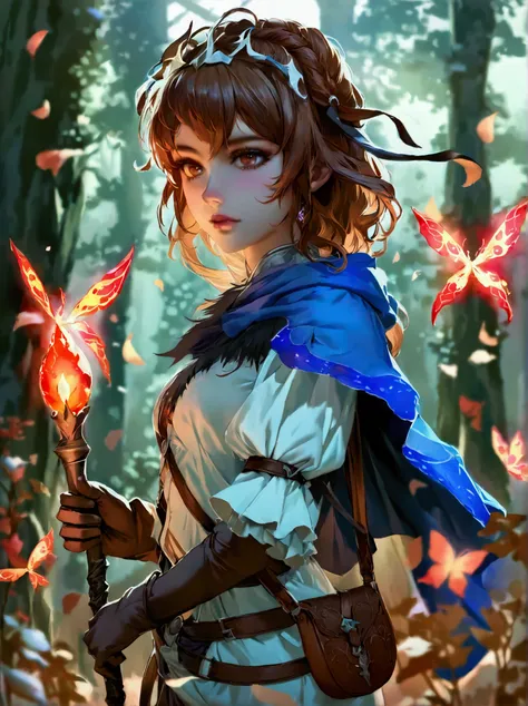 A stunning HD (High Definition) illustration of a brown-haired mage anime girl with long hair, with a braid on one side. She has brown eyes and wears a blue mages veil on her head. She is dressed in a long-sleeve white medieval-style shirt, brown pants, an...